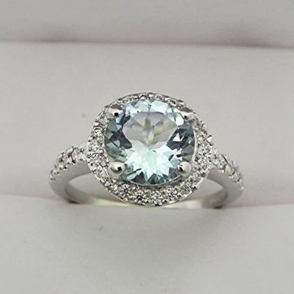 AAA 8.0 mm Aquamarin 1.65 Karat in 14K Weißgold Halo Verlobungsring mit .25 Karat Diamanten 3065 mmmm