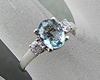 AAAA Natural Blue Aquamarine   8x6mm  .87 Carats   in 14K white gold ring with White sapphire accents 0977