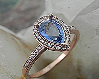 AAAA Ceylon Blue Sapphire Pear Shape   1.40 Carats   in 14K Rose gold ring .30cts of diamonds. B107 1572