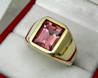 AAAA Pink Tourmaline 10x8mm  3.61 Carats   Heavy 14K Yellow gold Emerald cut Mans  ring 15-16 grams 1775