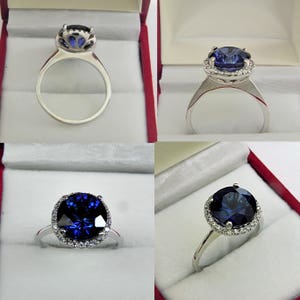 AAAA Blue Sapphire 10mm 5.00 carats in 14K White gold Diamond Halo ring with .25 carats of diamonds MMM image 6
