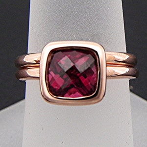 AAAA Rhodolite Garnet   7x7mm  1.92 Carats   Cushion Checkerboard cut in a 14K Rose gold bridal set. 2041