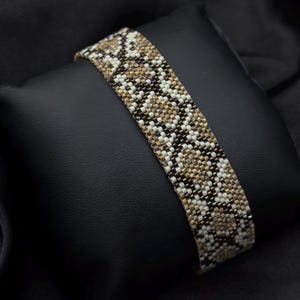 Wide Snake Print Beaded Cuff Bracelet – Neutral Beige Brown Statement Jewelry