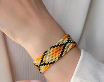 Handwoven Orange Geometric Beaded Cuff Bracelet | Glass Seed Bead Statement Jewelry