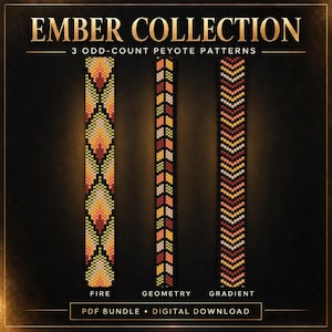 May include: The Ember Collection features three odd-count peyote patterns titled Fire, Geometry, and Gradient. Each vertical strip displays a pixelated design in shades of orange, yellow, red, and black. This PDF bundle is a digital download.