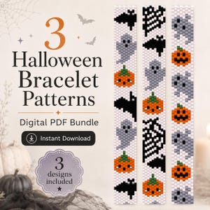 May include: Three vertical digital bracelet patterns featuring pixelated Halloween motifs including orange pumpkins, grey ghosts, black bats, and spider webs. The text reads 3 Halloween Bracelet Patterns, Digital PDF Bundle, and 3 designs included.