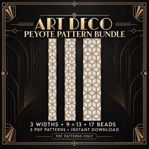 May include: A digital graphic displaying an Art Deco Peyote Pattern Bundle with three vertical strips featuring a repeating geometric cube design in white and gold. Text includes: ART DECO PEYOTE PATTERN BUNDLE, 3 WIDTHS 9 + 13 + 17 BEADS, 3 PDF PATTERNS INSTANT DOWNLOAD, PDF PATTERNS ONLY.