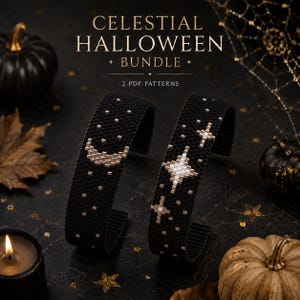 May include: Two black beaded bracelets featuring celestial patterns. One bracelet displays a crescent moon, while the other shows a large star. Both are decorated with small metallic beads. The text CELESTIAL HALLOWEEN BUNDLE 2 PDF PATTERNS is visible.