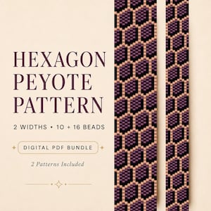 Op de afbeelding: Een digitaal PDF-pakket met een zeshoekig peyote-patroon in twee breedtes van 10 en 16 kralen. Het ontwerp toont een herhalend geometrisch honingraatmotief in zwart en paars. Tekst: HEXAGON PEYOTE PATTERN, 2 WIDTHS, 10 + 16 BEADS, DIGITAL PDF BUNDLE, 2 Patterns Included.