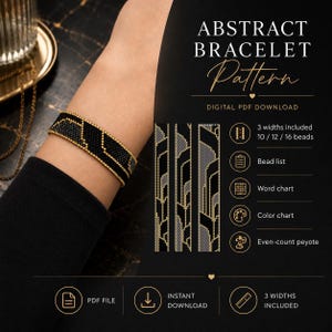 Op de afbeelding: Een digitale PDF-download voor een abstract armbandpatroon met een geometrisch kralenontwerp in zwart en goud. Het patroon bevat drie breedtes van 10, 12 en 16 kralen, een kralenlijst, woorddiagram, kleurenkaart en instructies voor peyote-steek.