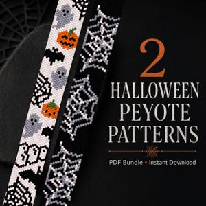 Puede incluir: Dos tiras verticales de patrones peyote con cuentas que presentan motivos de Halloween, incluyendo fantasmas, calabazas naranjas, murciélagos negros y telarañas. El texto dice 2 HALLOWEEN PEYOTE PATTERNS PDF Bundle Instant Download.