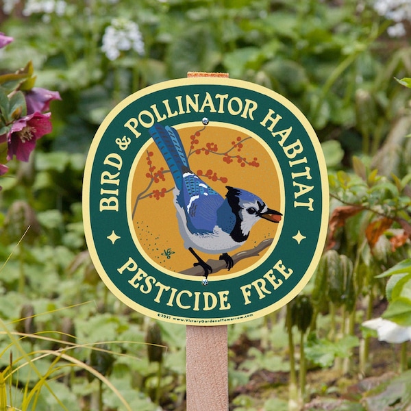 Bluejay Bird & Pollinator Habitat - Pesticide Free Garden Sign