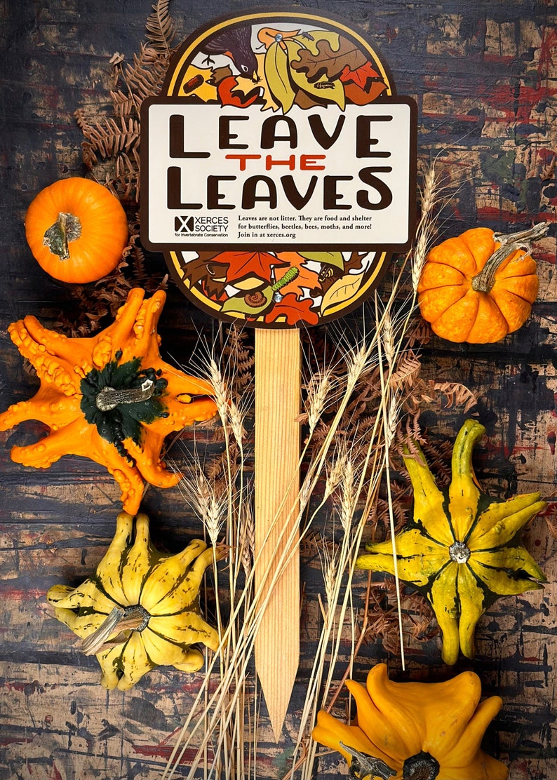 A yard or garden sign on a wood stake that reads "Leave the Leaves"