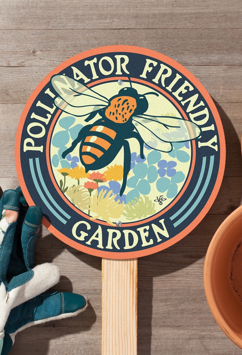 Bee Pollinator Friendly Garden Sign Wooden 24" Fir Stake