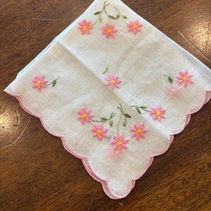 Vintage white cotton floral embroidered handkerchief