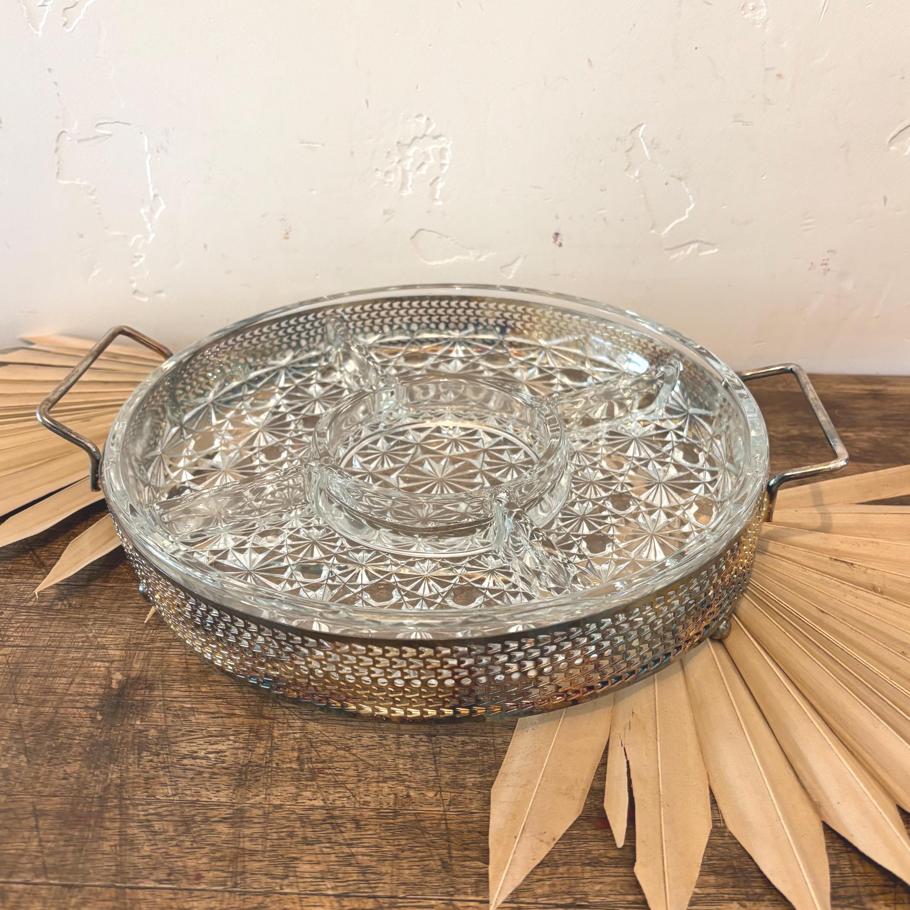 Vintage cut glass divided serving tray in silver plate handled holder