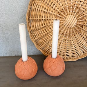 Vintage  terra cotta artichoke taper candle holders set of 2