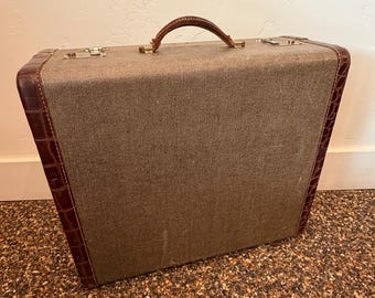 Maleta vintage con estampado de pata de gallo, ribete de cocodrilo, hebilla de latón, equipaje grande (21x18x8)