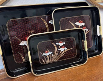 Vintage Black Japanese Lacquer Nesting Trays with Floral Design