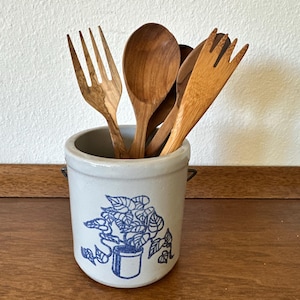Vintage Mini Stoneware Crock with Blue plant