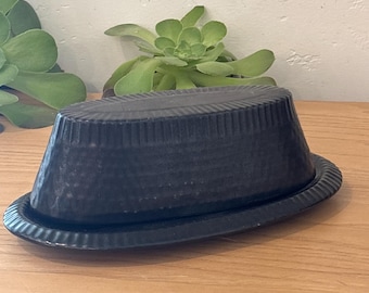 Black stoneware covered butter dish - Red Wing pottery