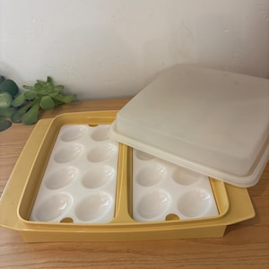 Pode incluir: Um recipiente retangular de plástico amarelo para ovos com duas bandejas brancas removíveis, cada uma com oito cavidades ovais. O conjunto inclui uma tampa branca translúcida que se encaixa sobre a base amarela.