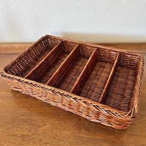 Vintage woven wicker rattan cutlery makeup basket tray organizer