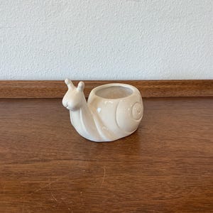 May include: A ceramic snail-shaped planter in a cream color. The snail has a detailed shell with a spiral design and a small opening for planting. The planter is on a wooden surface.