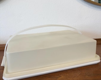 Vintage Tupperware Kuchenbehälter, quadratisch, hergestellt in Kanada, Modell 1241, Servierplatte, goldfarbener Sockel, Modell 1242, Tragegriff, Modell 624, gebeizt