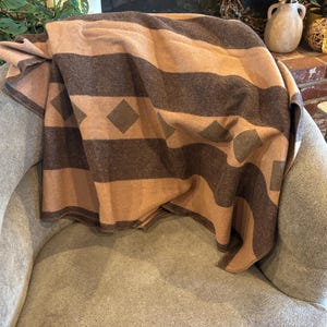 May include: A folded brown and tan blanket with a geometric pattern of stripes and diamond shapes. The blanket is draped over a grey armchair, showcasing its soft texture and design. The colour palette is neutral, with warm tones.