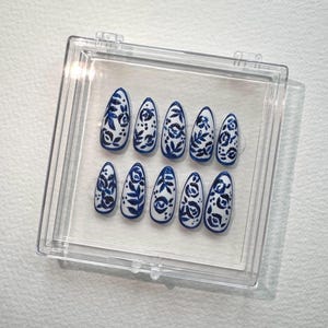 Hand-Painted Blue Floral Press-On Nails: Short Almond Reusable Fake Nails