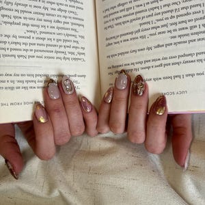 Golden Rose | Romantic Blush Press-On Nails | Gold Foil Floral Design | Handmade Reusable Almond Set