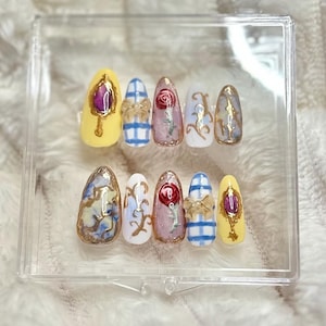 Enchanted Rose Almond Press-On Nails | Short/Medium/Long | Reusable | Handmade | Glossy Finish