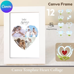 Canva Heart Frame Editable Template, Drag And Drop Valentine&#39;s Day Heart Love Collage, Couple Gift, Heart Collage + How to use Tutorial