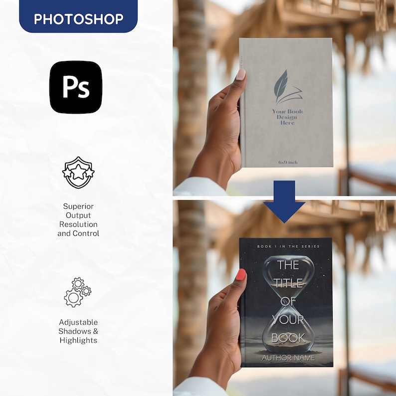 May include: An image showcasing a book design concept using Photoshop. The image features a book with a light gray cover and the text "Your Book Design Here." Below, the book cover transforms to a black cover with an hourglass design and the text "The Title of Your Book."