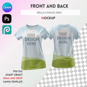 May include: Front and back view of a light blue t-shirt mockup with a green and white landscape design. The text "YOUR DESIGN HERE" is printed on the front and back of the shirt.