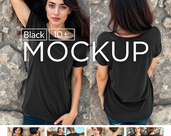 Black Bella Canvas 3001 T-Shirt Mockup Bundle, Front and Back & Split View