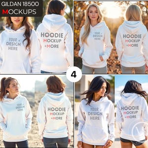 Front and Back Gildan 18500 Mockup Bundle, Female G185 Hooded Sweatshirt Splitview, Hoodie Front & Back Mockup Bundle, Size and Color Chart