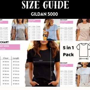 Gildan 5000 Size Chart Woman White T-shirt, Unisex Gildan 5000 T-Shirt Size Chart Mockup Size Guide, T-shirt Size Chart for Gildan 5000