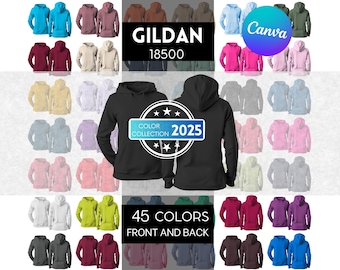 Gildan 18500 PNG Mockup Bundle, Front and Back Gildan 18500 Hooded Mock-up, 45 Colors G185 Hooded Sweatshirt Mockup, Transparent Backgrounds