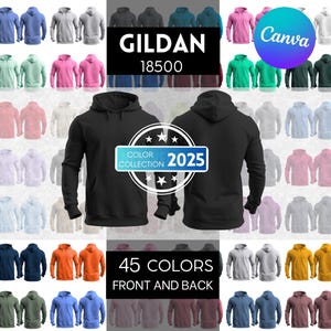 Front and Back Gildan 18500 Hooded Mock-up, PNG Mockup Bundle 45 Colors G185 Hooded Sweatshirt Mockup, POD Mock G185 Front & Back Mock