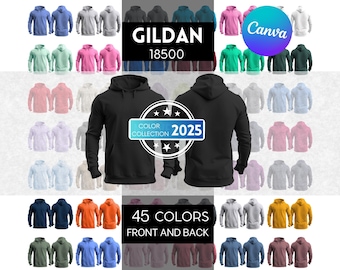 Front and Back Gildan 18500 Hooded Mock-up, PNG Mockup Bundle 45 Colors G185 Hooded Sweatshirt Mockup, POD Mock G185 Front & Back Mock
