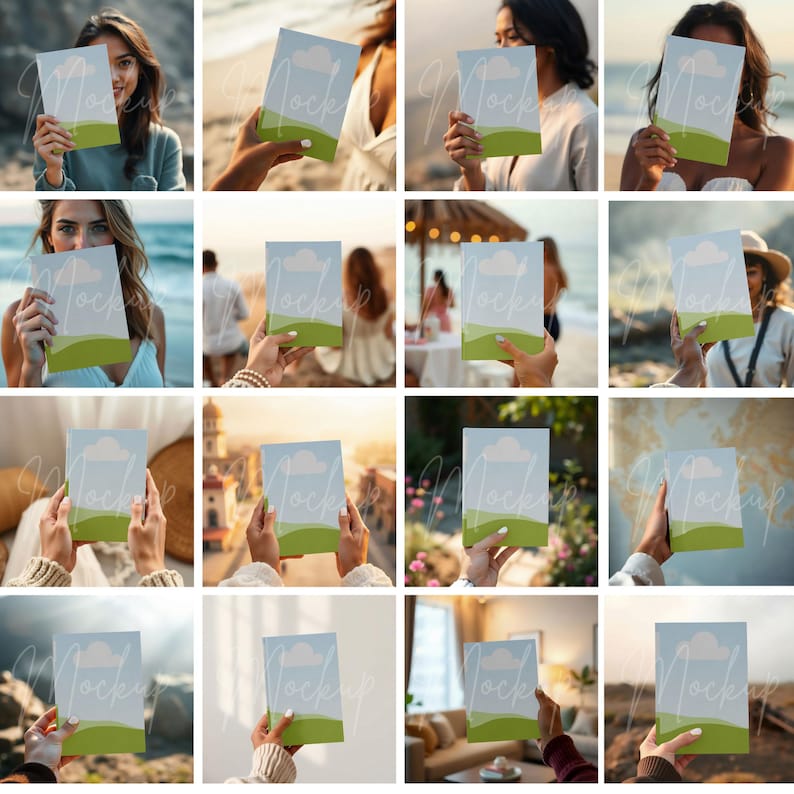 May include: A collection of images showcasing a book mockup. Each image features a person holding a book with a light blue sky and cloud design, and a green landscape. The word "Mockup" is visible on the book cover.