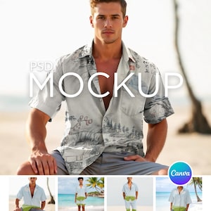 Canva Drag and Drop Hawaiian Shirt Bundle + Matching Beach Shorts, AOP Canva + PSD Photoshop Template, Easy to use + Tutorial
