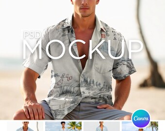 Canva Drag and Drop Hawaiian Shirt Bundle + Matching Beach Shorts, AOP Canva + PSD Photoshop Template, Easy to use + Tutorial