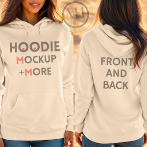 Gildan 18500 Sand Hoodie Front & Back Mockup, G185 Sand Hooded Female Sweatshirt Split Mock-up, Dual View Front and Back Hooded Mock-up