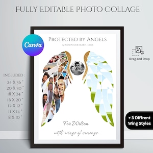 May include: A framed photo collage with angel wing designs. The collage includes family photos and the text "Protected by Angels." The image also includes the text "For Wilson with wings of courage."