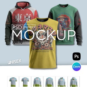 Gildan 18500 + Gildan 18000 + BC 3001 Editable Bundle AOP Canva + Photoshop Template Mockup + Vorder und Rückseite