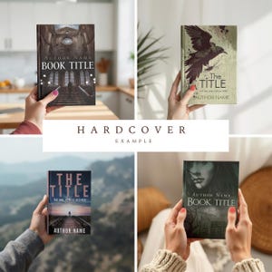 May include: Four hardcover book covers with various designs. One features a gothic cathedral, another a raven, a third a figure on a bridge, and the last a woman's face. The text "AUTHOR NAME" and "BOOK TITLE" are visible on some covers. The word "HARDCOVER" is also present.