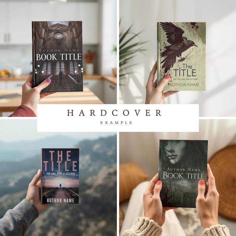 May include: Four hardcover book covers with various designs. One features a gothic cathedral, another a raven, a third a figure on a bridge, and the last a woman's face. The text "AUTHOR NAME" and "BOOK TITLE" are visible on some covers. The word "HARDCOVER" is also present.